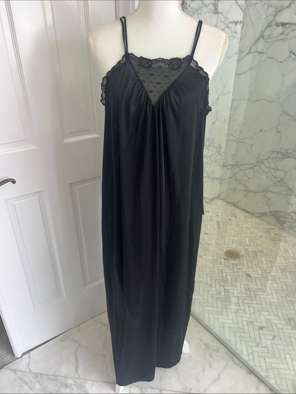 Sexy Vintage Black Lace Trim Slip nightgown with high slits.